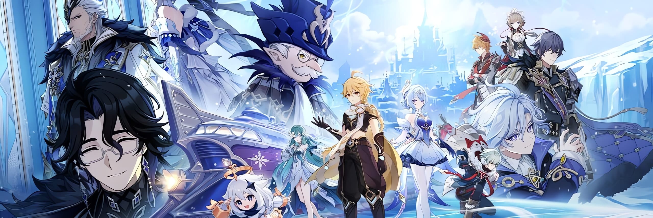 Genshin Impact version key art — the Traveler and companions on the ice of Snezhnaya