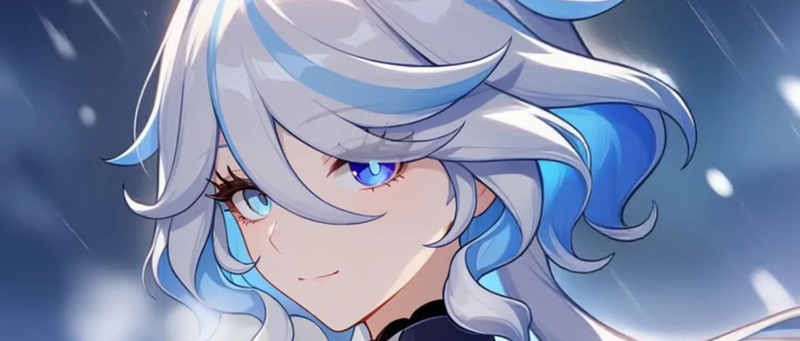 Furina, Hydro Archon of Genshin Impact, close-up official art with white and blue hair, shown for her 7.2 rerun