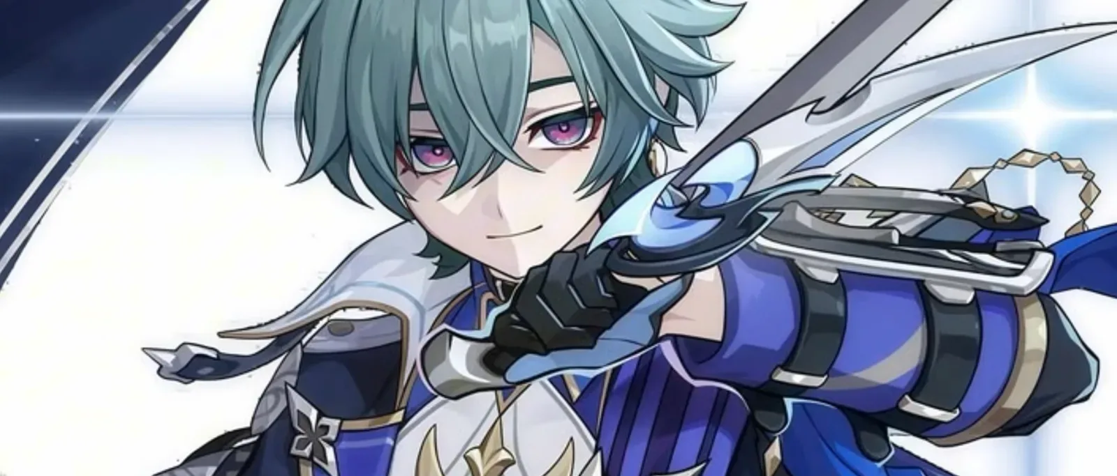 Lohen, Cryo polearm 5-star of Genshin Impact, official art with green hair and a blue coat, for his 7.3 rerun